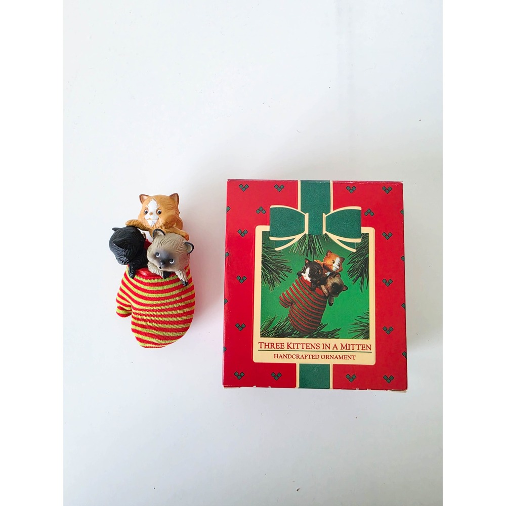 Vintage 1984 Hallmark Three Kittens in a Mitten Handcrafted Christmas Ornament